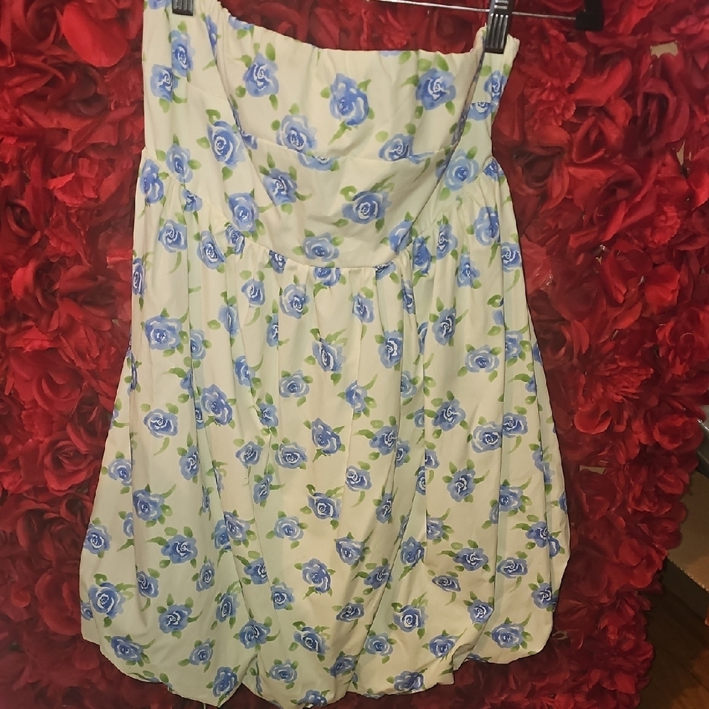 HYFVE NWOT Floral Strapless Dress with Blue Roses And Bubble Bottom Size Medium